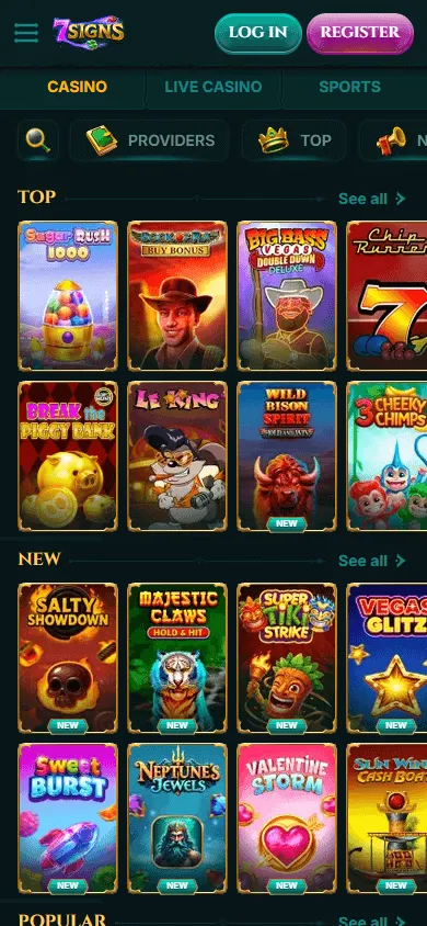 7Signs Casino games area on a mobile device