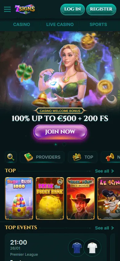 7Signs Casino home page on a mobile device