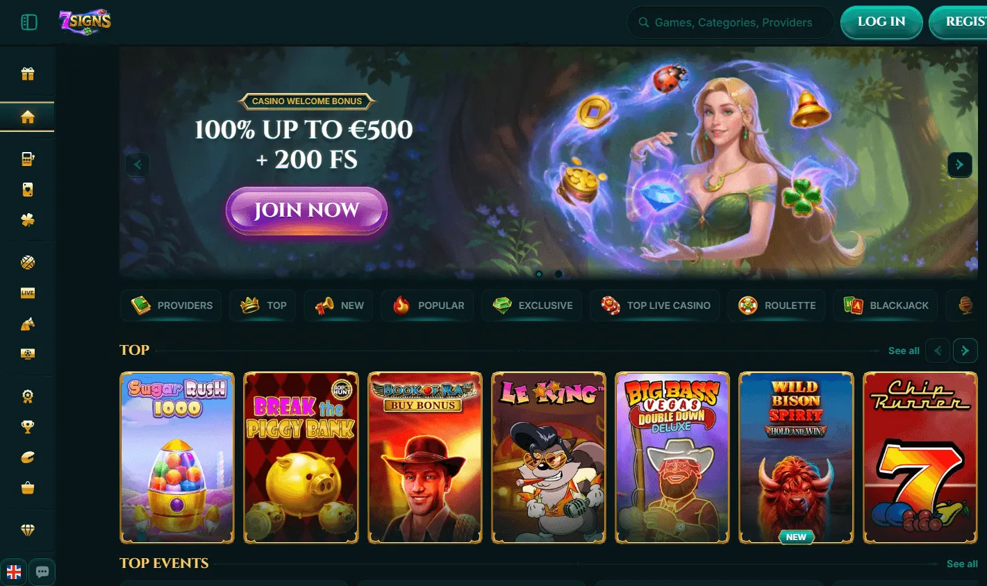 7Signs Casino home page on desktop